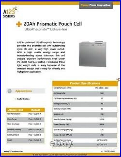20Ah Lithium (24 Sachet LiFePO 4 Cellules) de A123 pour usage professionnel
